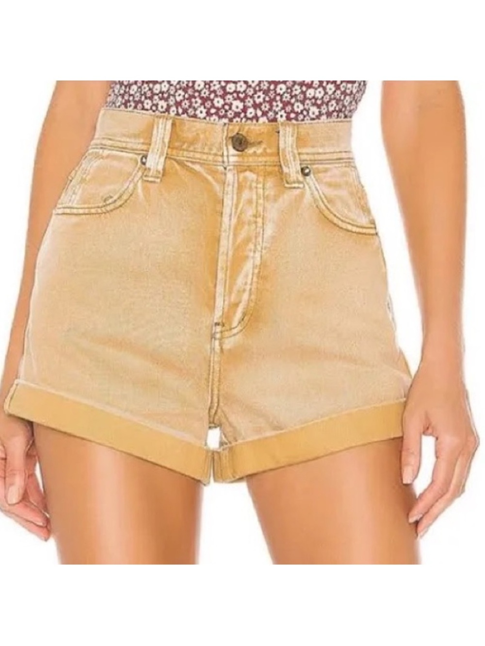 We The Free Rolled Hem High-Rise Jean Shorts in Camel Tan